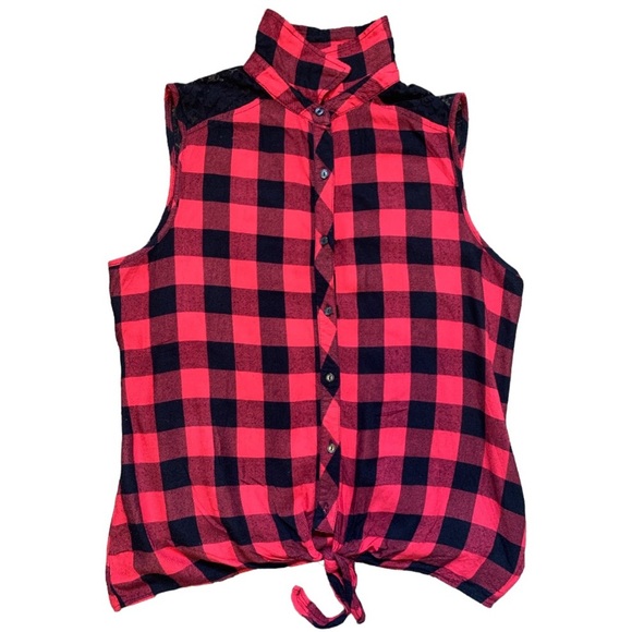 NO BOUNDARIES Buffalo Plaid Shirt With Lace Tie Front Red Ladies Sz Small/Girls - Picture 1 of 9